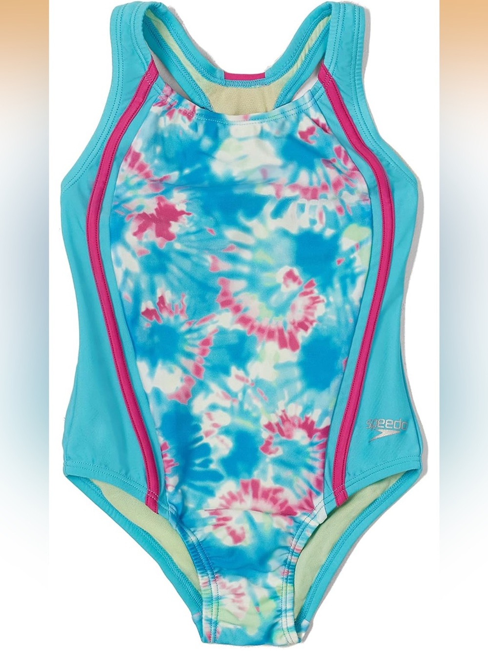 Speedo Girls Tie-Dye Blue One-Piece Swimsuit with Pink Trim Sport Splice
